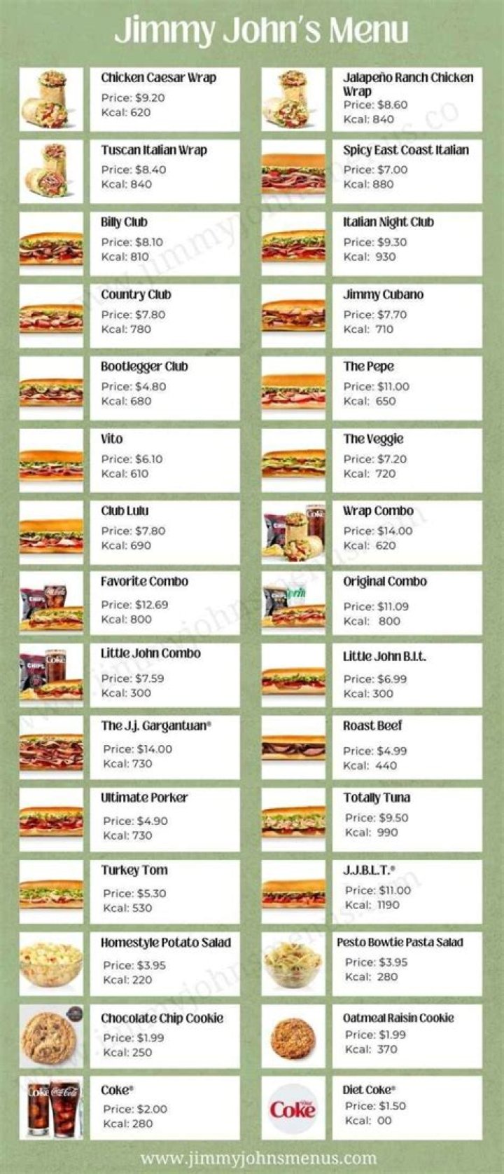 jimmy johns menu calories